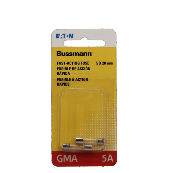 Bussmann BP/GMA-5A 5 Amp Glass Fast Acting Cartridge Fuse, 125V Carded UL Listed, 2-Pack