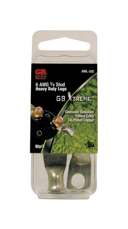Gb Heavy Duty Lug 3/8 " Stud Size 6 Awg Funneled Tin Plated Copper 2 / Clamshell