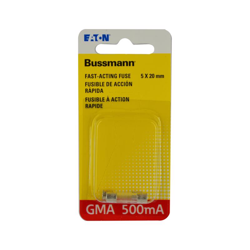 Bussmann BP/GMA-500MA 500 mAmp Glass Fast Acting Cartridge Fuse, 125V Carded UL Listed, 2-Pack