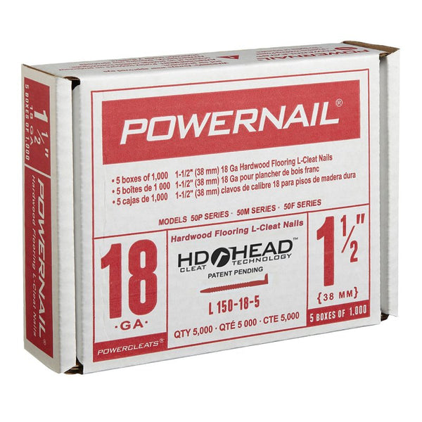 Powernail L150185 18-Gauge 1-1/2-Inch Length Powercleats L-Cleat Flooring Nails (Case of 5-1000ct boxes)