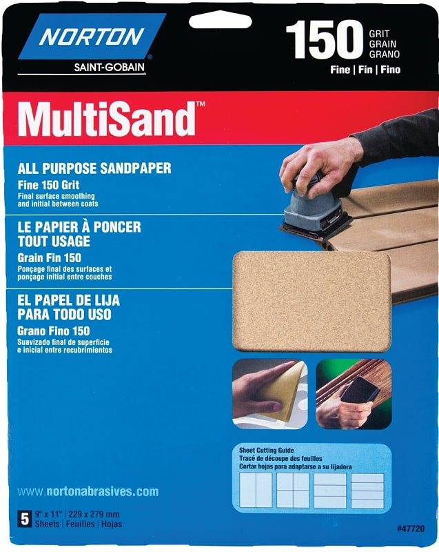 Norton 47720 Multi-Sand Sandpaper 150 Grit, 9-Inch x 11-Inch, 5-Pack