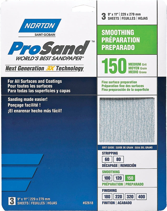 Norton 02618 9" X 11" 150 Grit Sandpaper Sheets 3 Count