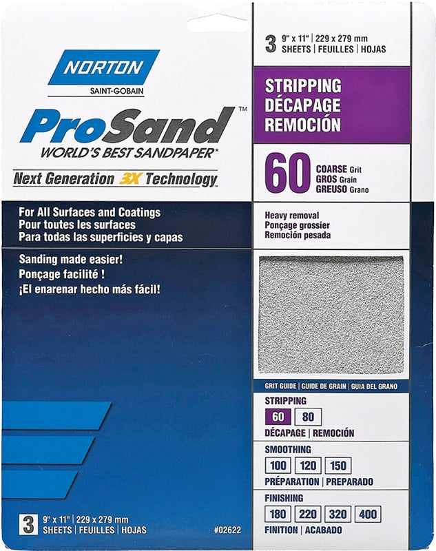 Norton 02622 9-Inch X 11-Inch 60 Grit 3X High Performance Sheets, 3 Sheets