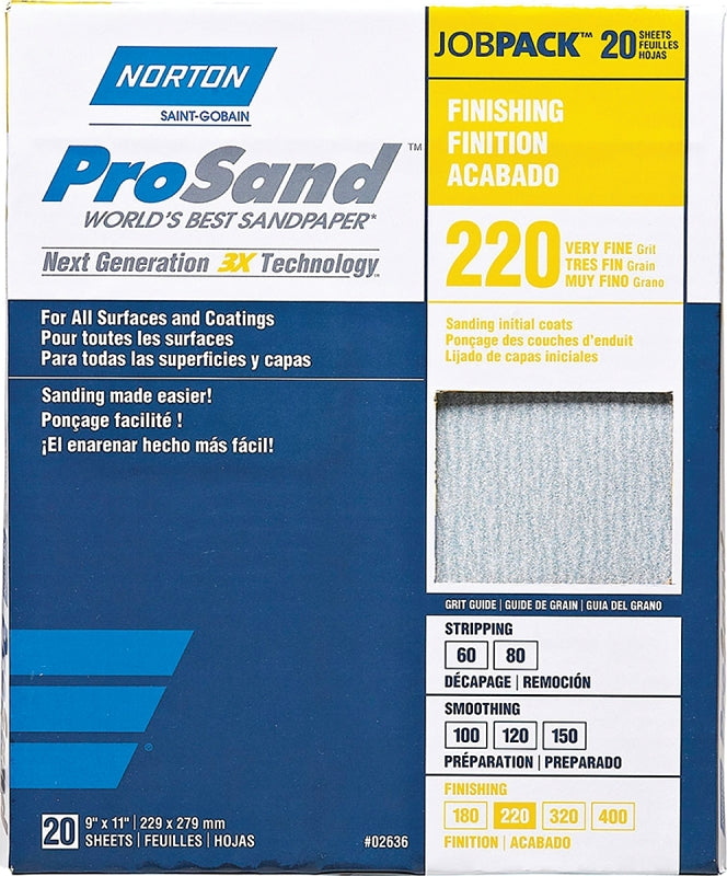 NORTON ProSand Premium Job Pack Abrasive Sheet, Next Generation of 3X Technology, Fiber Backing, Aluminum Oxide, Grit P220 (Pack of 20)