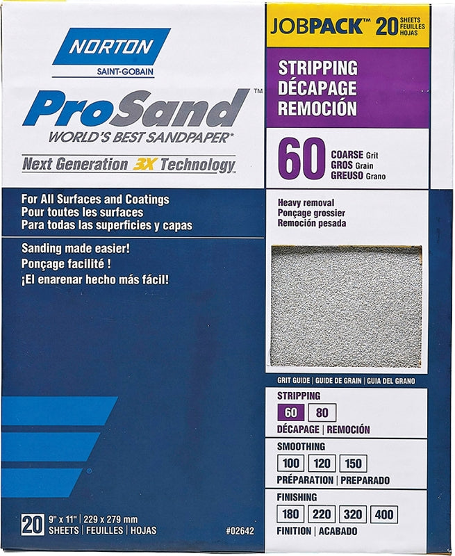 Norton Sandpaper, ProSand Sand Paper for Wood, Metal and Fiberglass, 60 Grit Sanding Sheets, Coarse Sandpaper, Pack of 20