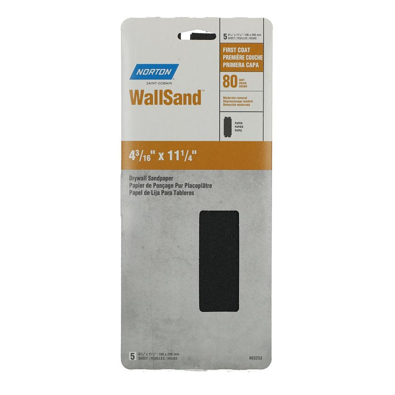 Norton 03253 Wallsand 80D Grit Die-Cut Drywall Screen Sanding Sheet, 4-3/16-Inch Wide x 11-Inch Long, 5-Pack