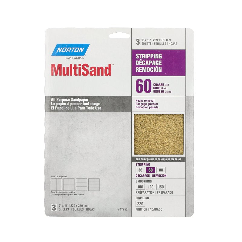 Norton 47750 Multisand Sandpaper 60 Grit, 9-Inch x 11-Inch, 3-Pack