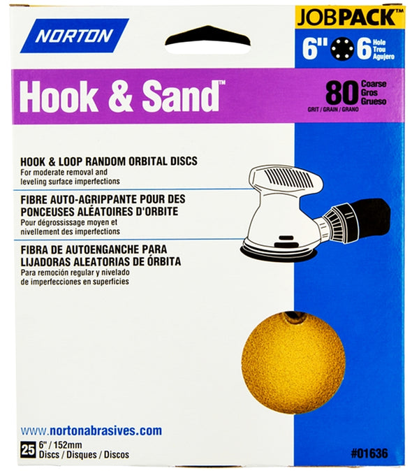 Norton 07660701636 Hook and Sand Universal Vac Hole Abrasive Disc with Hook and Loop Attachment, Paper Backing, Aluminum Oxide, 6 Holes, 6'' Diameter, Grit P80 Coarse (Pack of 25)