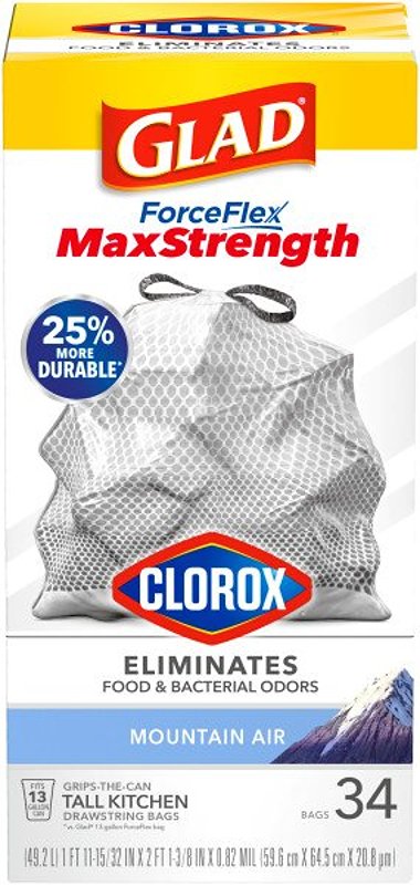 Glad ForceFlex MaxStrength with Clorox Tall Kitchen Trash Bags, 13 Gal, 34 Ct (Package May Vary) 79298