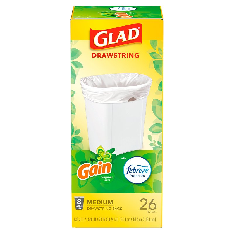 Glad Medium Drawstring Trash Bags, 8 Gal, Gain Original with Febreze, 26 Ct (Package May Vary) 79195