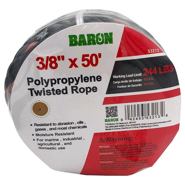 Baron 53213 Twisted Truck Rope, Black/Orange, 3/8 Inch X 50 Feet