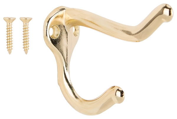 MINTCRAFT H62-B070 ProSource 3375953 Coat and Hat Hook, 5/64 in Mounting Hole, Die-Cast Zinc, Polished, Bright Brass