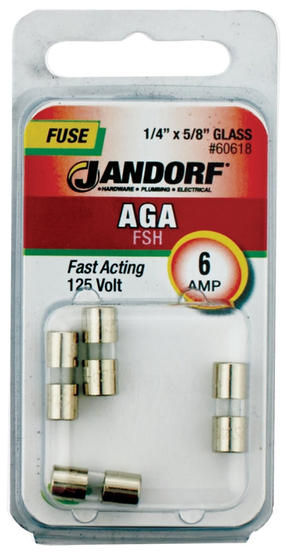 Jandorf Fuse, Fast Acting, Glass, AGA, 6A, Individual, Dependable Circuit Control 60618