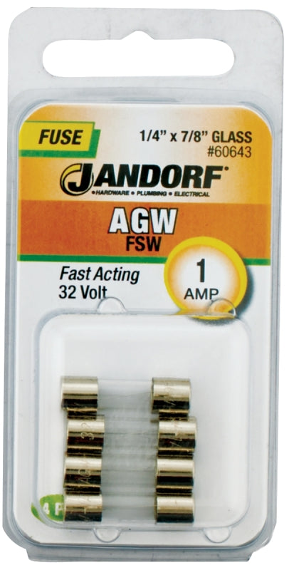 Jandorf Fuse, Fast Acting, Glass, AGW, 1A, Individual, Compact Design for Safe Usage 60643