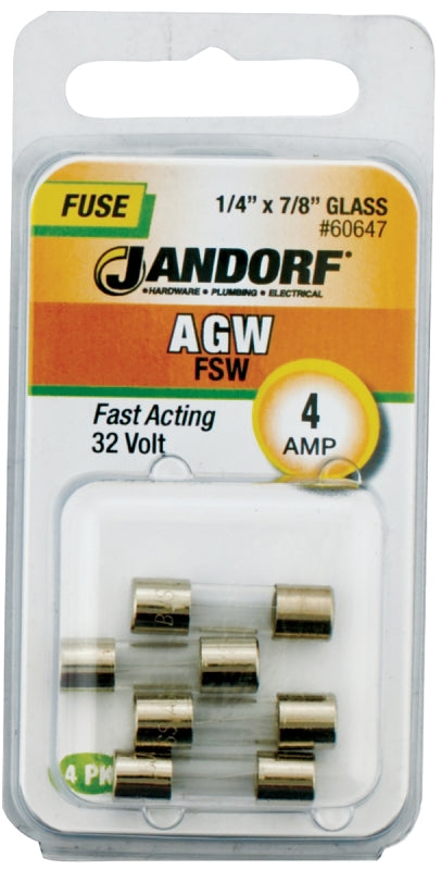 Jandorf Fuse, Fast Acting, Glass, AGW, 4A, Individual, Reliable Protection for Electrical Devices 60647