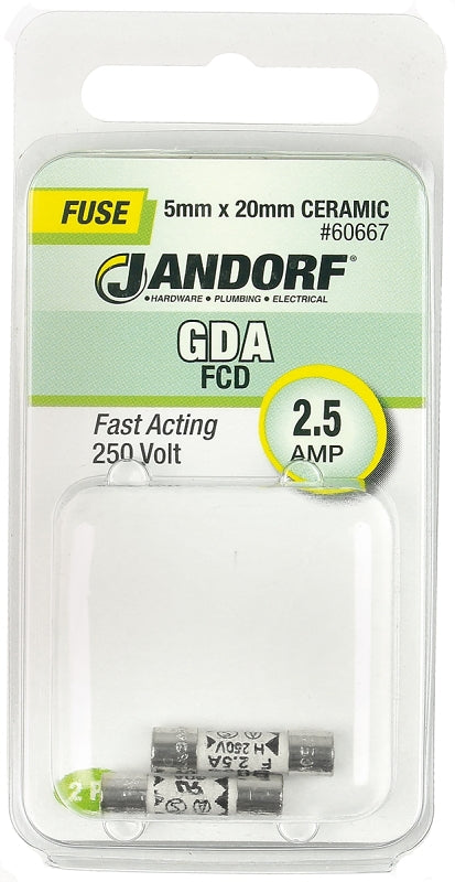 JANDORF SPECIALTY HARDWARE 60667 Bussmann GDA Cartridge Fast Acting Fuse Without Indicator, 250 VAC, 2.5 A, 1500 A