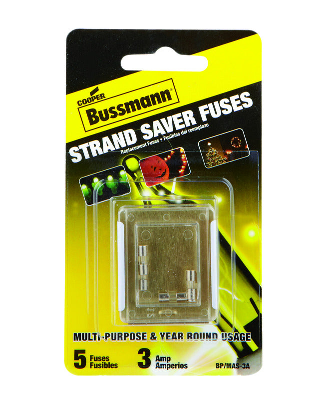 Cooper Bussmann BP/MAS-3A 3 Amp Glass Fast Acting Cartridge Fuse 125V Ul Listed in Buss Blue Packaging, Carded, 5-Pack, Piece
