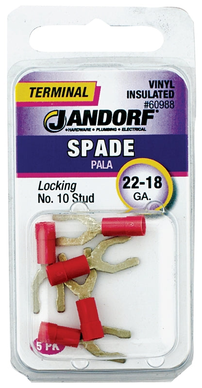 JANDORF SPECIALTY HARDWARE 60988 Locking Spade Terminal, 22-18 Awg, 600 V, Insulated, Tin Plated Copper, Red?