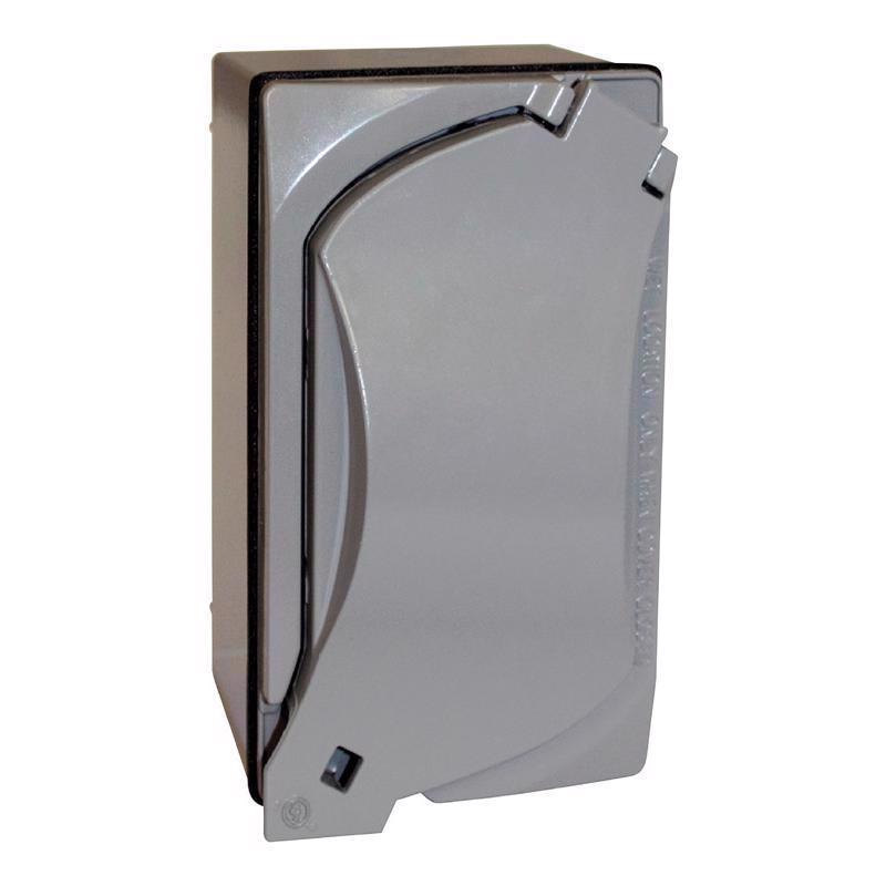 Sigma Engineered Solutions 16449 Universal Metal Weatherproof Outdoor Electrical Outlet Kit with Universal Cover, Box and 15 Amp GFCI Receptacle, Gray, 1 Gang, Lockable with Corner Hinge