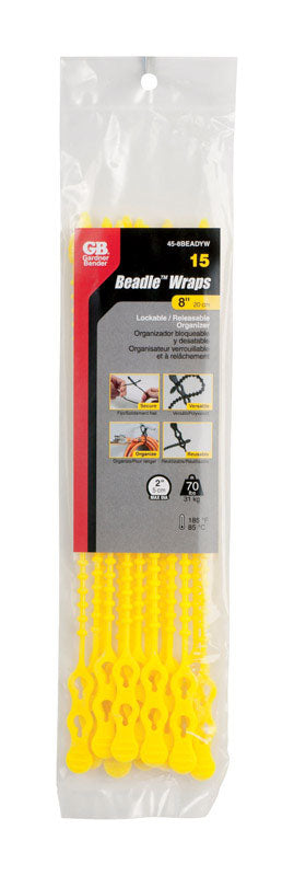 Gardner Bender 45-12BEADYW Beaded Cable Tie Wrap, 12 inch, 70 lb, Reusable, Adjustable Wire and Cord Management, 15 Pk, Yellow