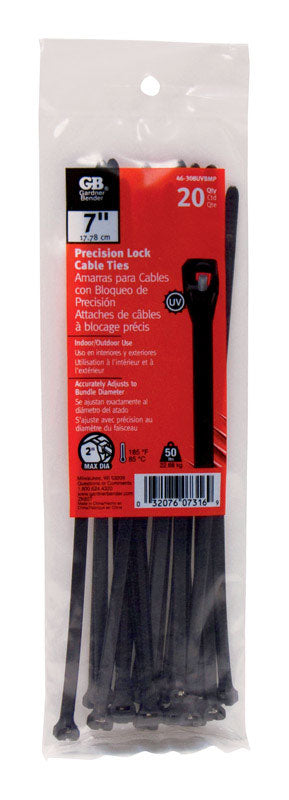 Gardner Bender 46-308UVBMP Metal Pawl Cable Tie, 7 in., 50 lb. Tensile Strength, Wire / Cord Management Industrial and Household Use, Nylon Zip Tie, 20 Pk., UV Resistant Black