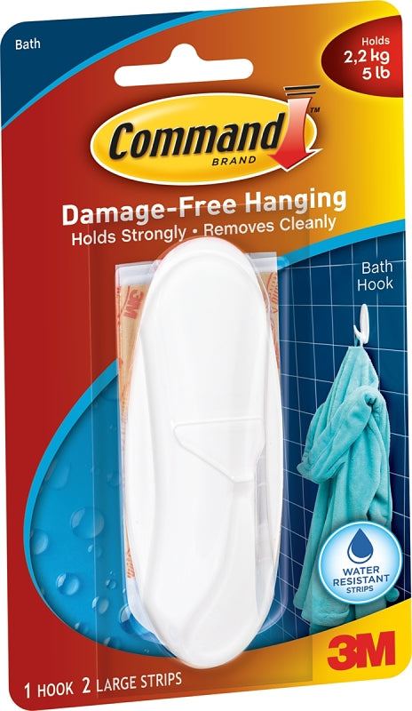 Command Designer Bath Hook, Large, White, 1-Hook with Water-Resistant Strips (17083B-ES), Organize Damage-Free