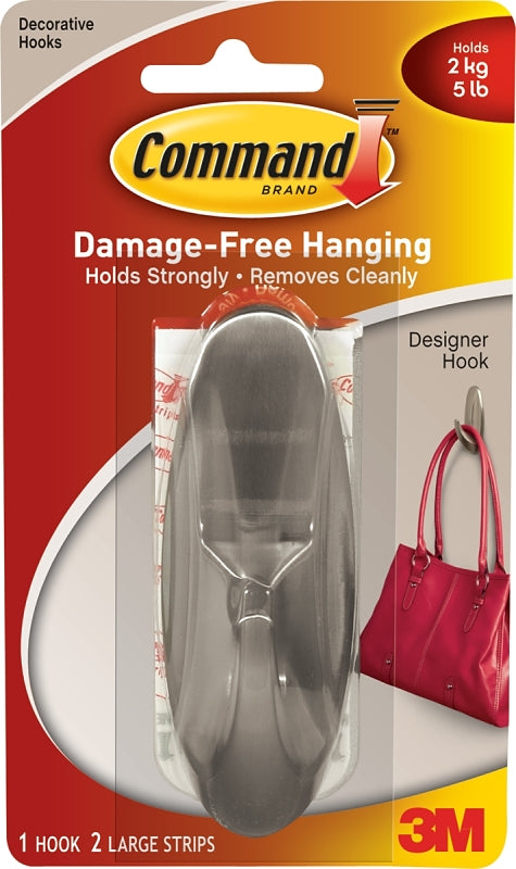 3M Command Large Designer Hook, Holds up to 5 lb, 1 Wall Hook with 2 Command Strips, Brushed Nickel Color, Damage Free Hanging Hooks for Hanging Decorations in Living Spaces 17083BN