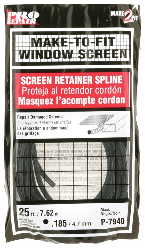 Make 2 Fit P 7940 0.185 inch x 25 feet Roll Black Vinyl Screen Spline