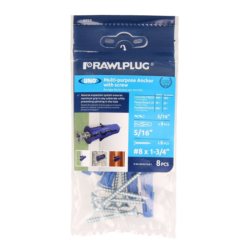Rawlplug UNO 5/16 Inch Universal Multi-Purpose Wall Anchors with Screws (8 x 1-3/4 in.), Nylon Plugs for Concrete, Brick, Block, Drywall, Plasterboard, Solid and Hollow Walls