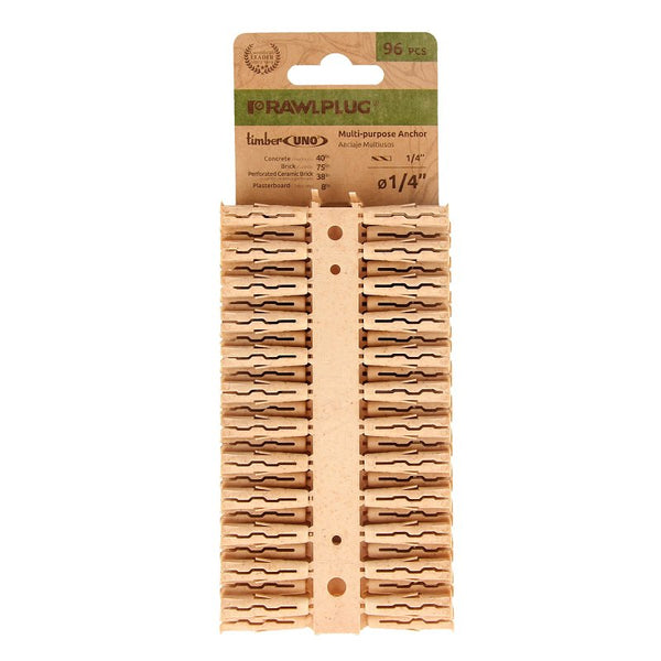 Rawlplug Timber UNO 1/4 Inch Biodegradable Multi-Purpose Wall Anchors, 96-Pack Clip Strip, 70% Wood-Fiber Plugs for Concrete, Brick, Block, Stone and Drywall R-U0-1/4-96-TB