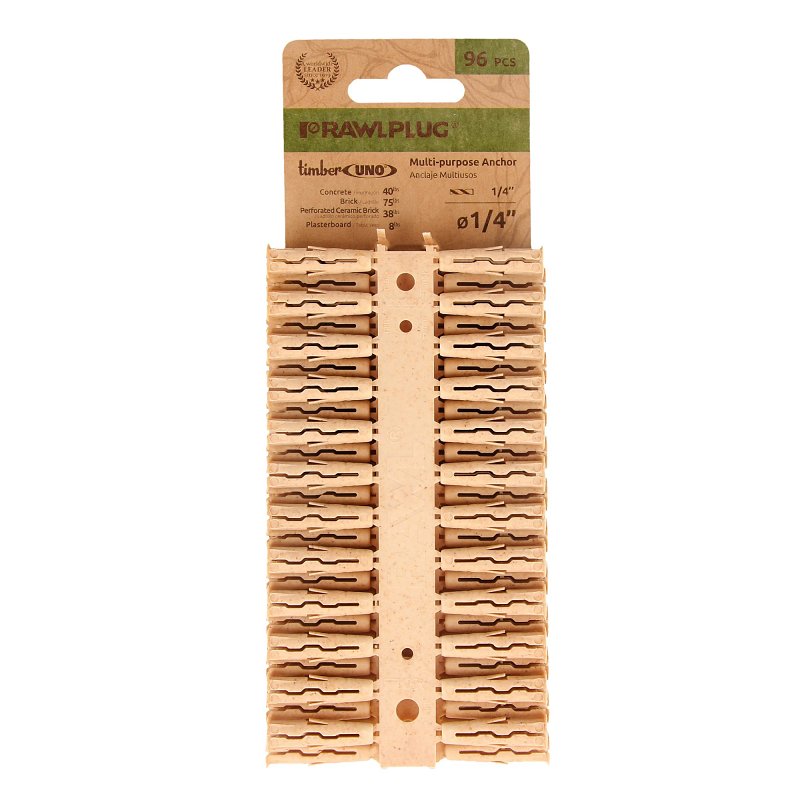 Rawlplug Timber UNO 1/4 Inch Biodegradable Multi-Purpose Wall Anchors, 96-Pack Clip Strip, 70% Wood-Fiber Plugs for Concrete, Brick, Block, Stone and Drywall