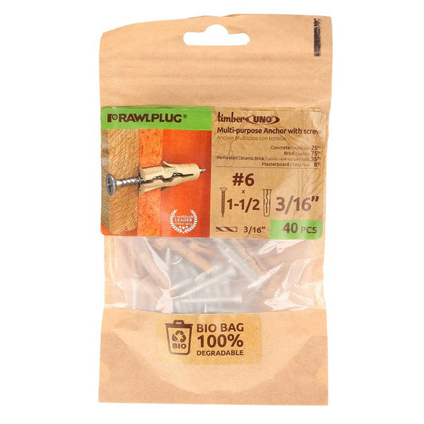Rawlplug Timber UNO 3/16 Inch Biodegradable Multi-Purpose Wall Anchors with Screws (#6 x 1-1/2 in.), 70% Wood-Fiber Plugs for Concrete, Brick, Block, Drywall and Hollow Walls R-BIO-UNOT3/16+6