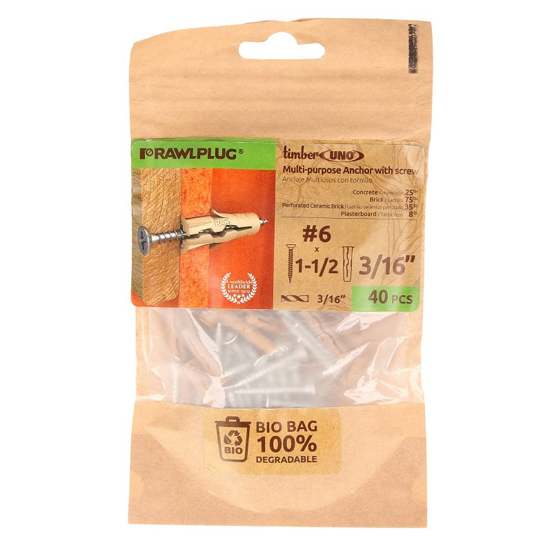 Rawlplug Timber UNO 3/16 Inch Biodegradable Multi-Purpose Wall Anchors with Screws (#6 x 1-1/2 in.), 70% Wood-Fiber Plugs for Concrete, Brick, Block, Drywall and Hollow Walls