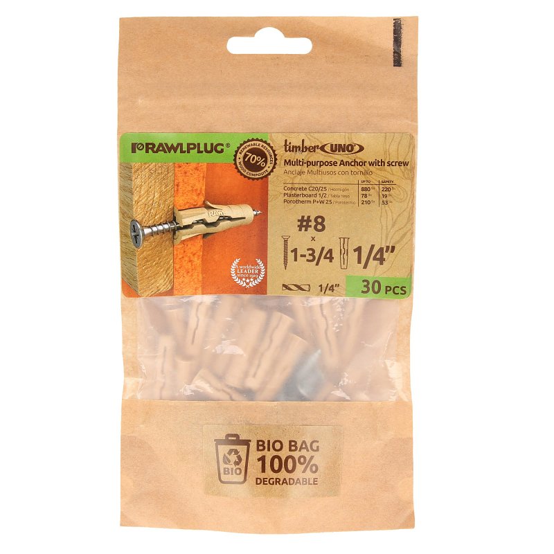 Rawlplug Timber UNO 1/4 Inch Biodegradable Multi-Purpose Wall Anchors with Screws (#8 x 1-3/4 in.), 70% Wood-Fiber Plugs for Concrete, Brick, Block, Drywall and Hollow Walls