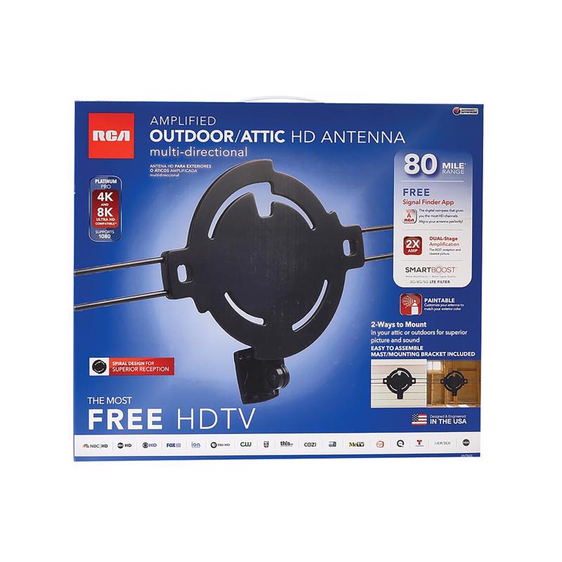 RCA Amplified Outdoor or Attic HDTV Antenna ? Multi-Directional HD Antenna with 80-Mile Range; Digital OTA Antenna for Clear VHF & UHF Reception; Supports 4K/8K 1080p TVs