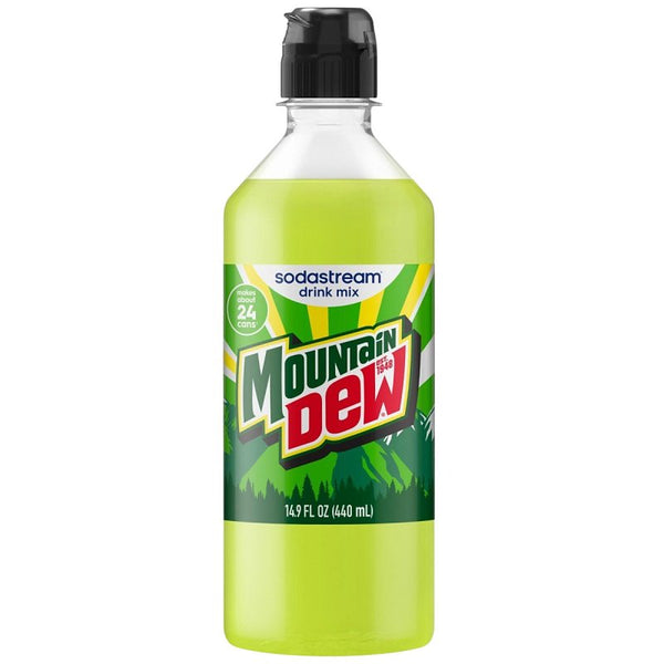 SodaStream - Mountain Dew Soda Drink Mix | For Soda Makers; turns 9.5 Gallons of Fizzy Water into delicious Mountain Dew | 52mg Caffeine per 12oz | Makes 96 Servings | 14.9 Fl Oz, Pack of 4 1924208010