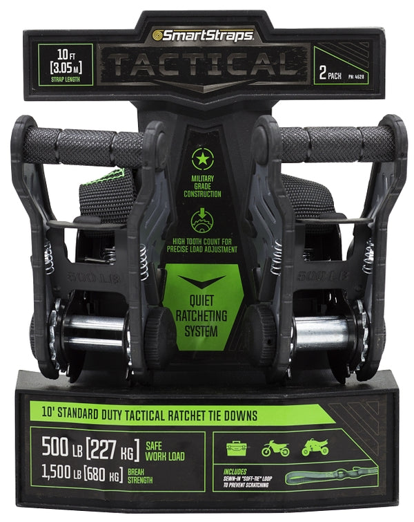 SMARTSTRAPS #4628 10-Foot Tactical Ratchet Straps, Haul Light Loads in Pickup Trucks & Trailers, Dirt Bikes, ATV's, Lawn Tractors, 1,500 lb Break Strength 500 lb Safe Work Load, 2-Pack, Black