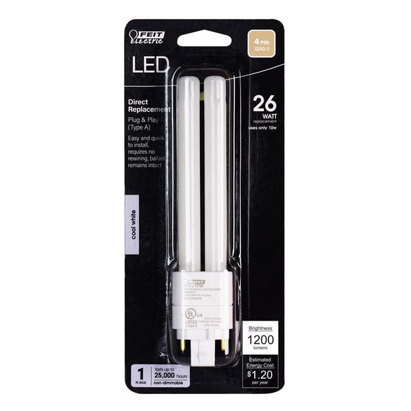 Feit Electric 26-Watt Equivalent PL QuadTube CFLNI 4-Pin Plugin G24Q-3 Base CFL Replacement LED Light Bulb, Cool White 4100K (1-Pack) BPPLD26E841LEDG2HDRP