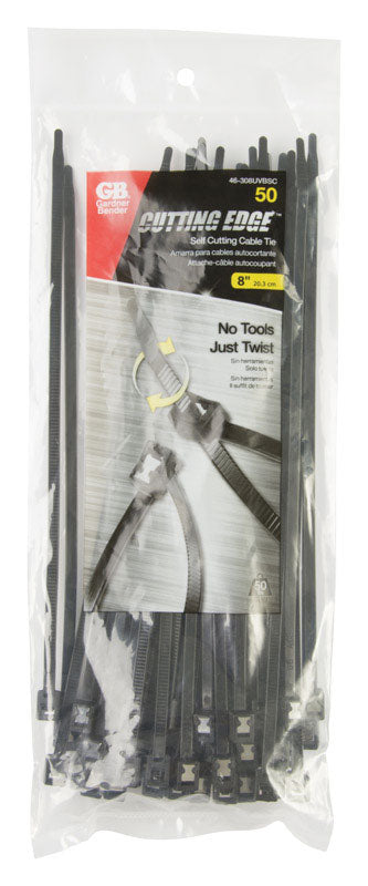 Gardner Bender 46-308UVBSC Nylon Self-Cutting Cable Tie, 8 inch, 50 lb. Tensile, Twist-Off Tail, Zip Tie, 50 Pk., UV Resistant Black