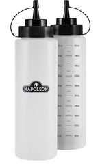 Napoleon BBQ Accessory - GACP004-2-Piece, 20 oz., 600 ml, Squeeze Bottle, Black Lid, Opaque Body, Side Measurements, Napoleon Logo