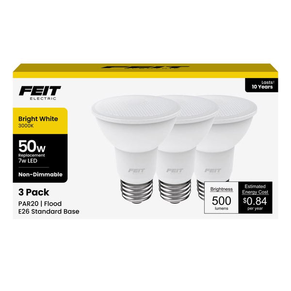 Feit Electric PAR20 LED Light Bulb, 50W Equivalent, Non-Dimmable, 3000K Warm White, E26 Base, 500 Lumen, Indoor/Outdoor Recessed Light Bulb, 10-Year Lifetime, Damp Rated, PAR2050/10KLED/3, 3-Pack