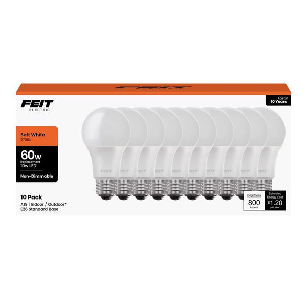 Feit Electric LED Light Bulbs, A19 60W Equivalent, Non Dimmable, 800 Lumens, A19 LED Light Bulbs, E26 Base, 3000k Warm White, A19 LED Bulbs, 10 Year Lifetime, 10 Pack, A800830/10KLED/10/RP A80083010K/10RP