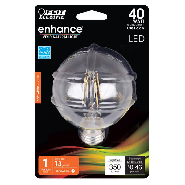 Feit Electric BPG2540/927CA/FIL/RP 40W Equivalent Dimmable 350 Lumens LED Globe Light Bulb, 4.5" H x 3.1" D, 2700K Soft White BPG2540927CAFR