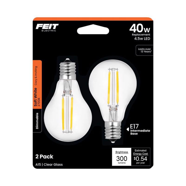 Feit Electric BPA1540N/827/LED/2 Decorative Clear Glass Filament LED Dimmable 40W Equivalent Classic A15 Light Bulb (Pack of 2), Soft White