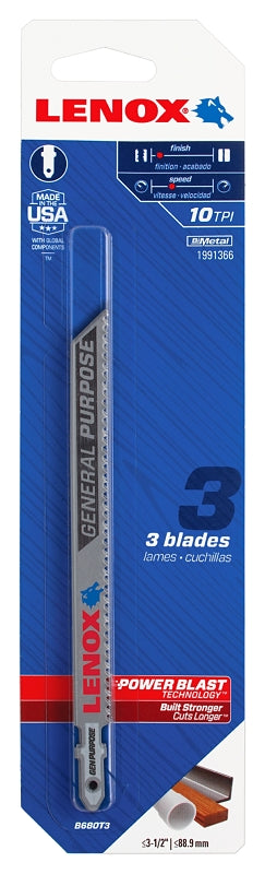 LENOX TOOLS 1991366 T-Shank General Purpose Jig Saw Blade, 5 1/4'' x 3/8'' 10 TPI, 3 Pack