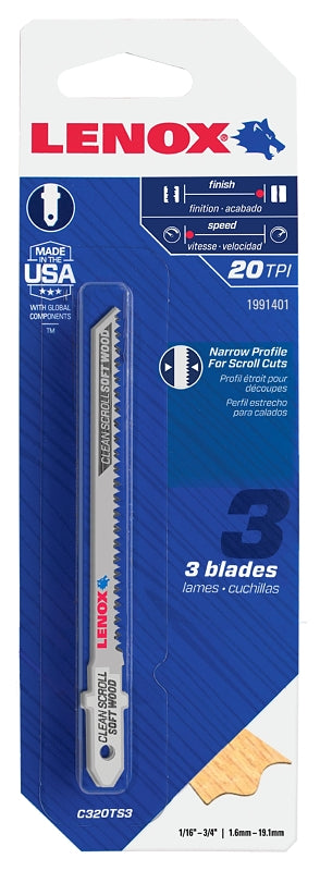 LENOX Tools 1991401 T-Shank Scroll Cutting Jig Saw Blade, 3 1/2" x 7/32" 20 TPI, 3 Pack