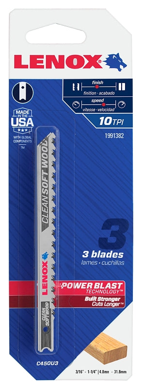 LENOX Tools 1991382 U-Shank Clean Wood Cutting Jig Saw Blade, 4" x 5/16" 10 TPI, 3 Pack