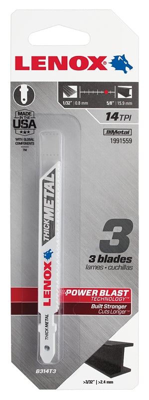 LENOX Tools 1991559 T-Shank Thick Metal Cutting Jig Saw Blade, 3 5/8" x 3/8" 14 TPI, 3 Pack