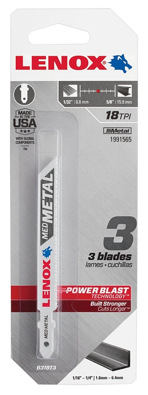 Lenox T-Shank Medium Metal Cutting Jig Saw Blade, 3-5/8In X 3/8In, 18 Tpi, 3Pk 1991565