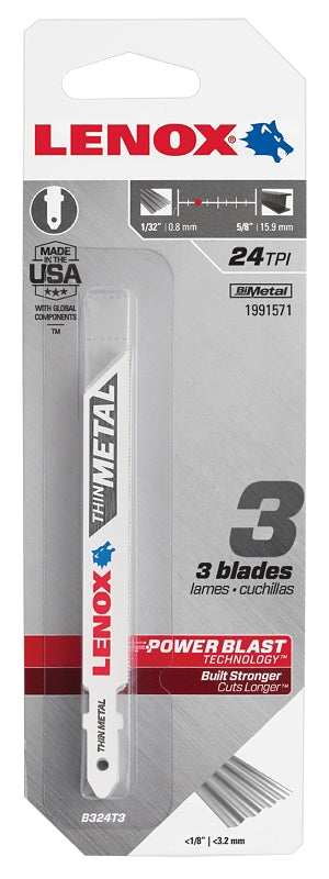 Lenox T-Shank Thin Metal Cutting Jig Saw Blade, 3-5/8In X 3/8In, 24 Tpi, 3Pk 1991571